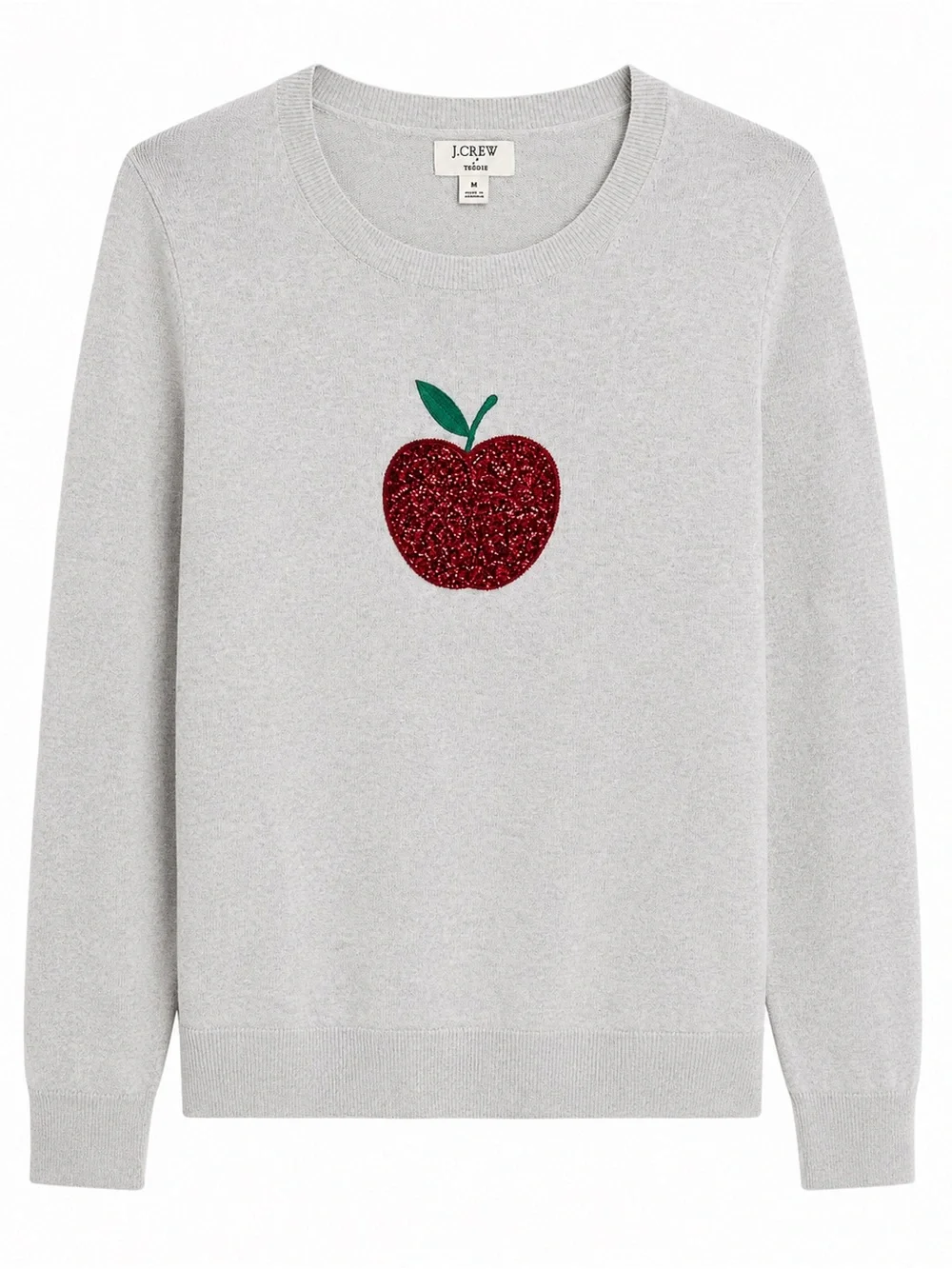 J. Crew Light Gray Sweater with Red Glitter Apple Motif